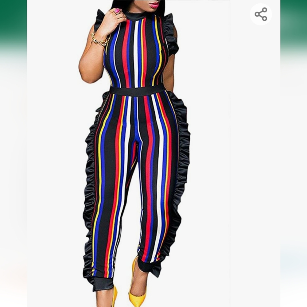 Monaco Womens Small Sleeveless Stripes Neck Ruffle High Waist Bodyocn Jumpsuits